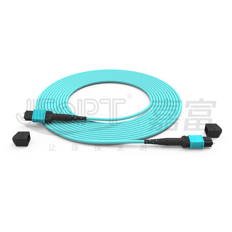 12 cœurs de vitesse MPO patch cord Aqua couleur pour la connexion de centre de données 10G multi-mode OM3 fibre optique patch cord